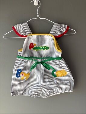 Vintage Sears ABC Animal Appliqué Bubble Romper Baby 3-6M Striped